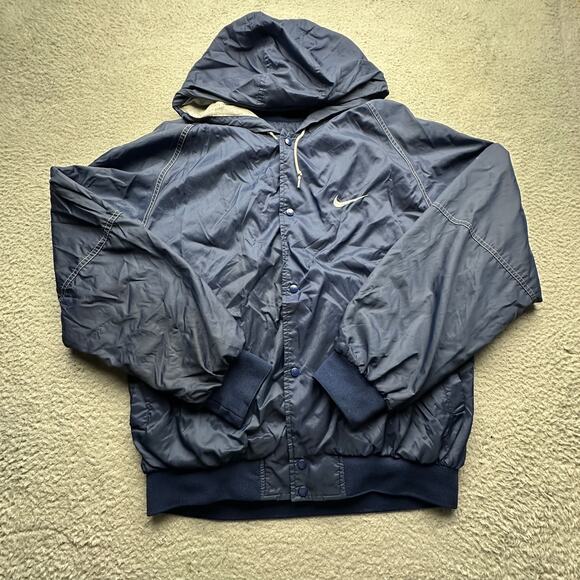 Vintage 90s Nike Lined Hooded Windbreaker Button Coach Jacket Mens Large Navy - Picture 10 of 12